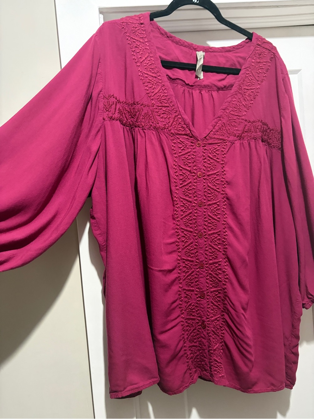 Embroidered V-Neck Tunic Top in Fuchsia